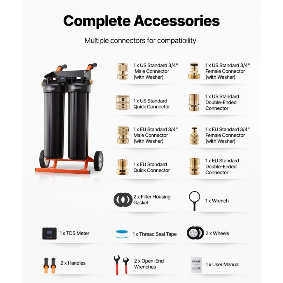 VEVOR Deionized Water System for Car Wash, Spotless Car Wash Water System with 2 x 4L DI Resin, TDS Meter & Bypass Valve, Spot-Free Deionized Water Filter for Cars RVs Motorcycles Windows