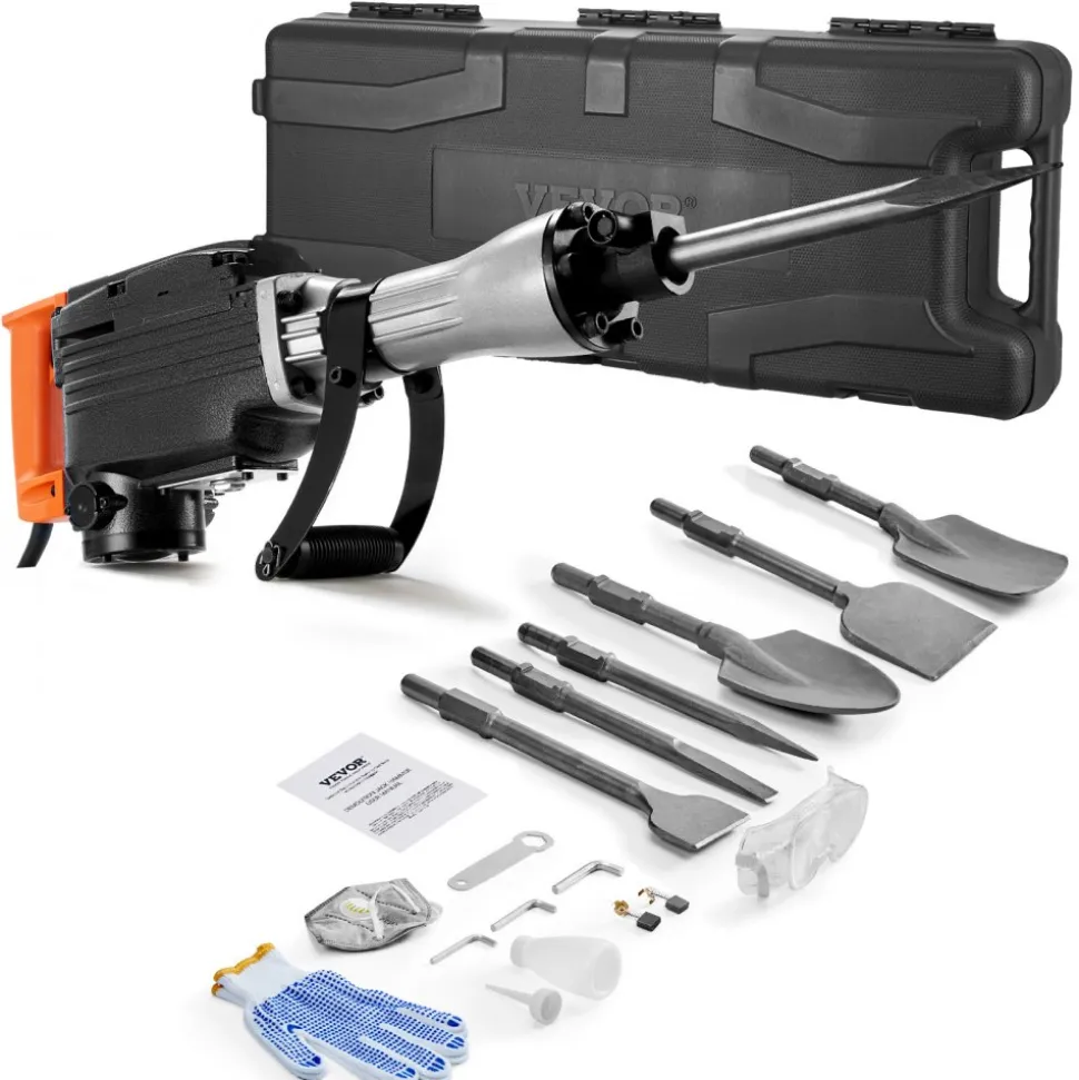 VEVOR Demolition Jack Hammer, 1350 BPM Concrete Breaker 6pcs Chisels Bit Chipping with Case, 2200W Electric Jackhammer Heavy Duty, Black