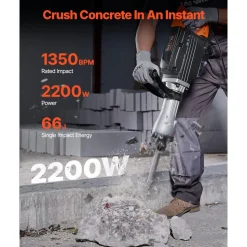VEVOR Demolition Jack Hammer, 1350 BPM Concrete Breaker 6pcs Chisels Bit Chipping with Case, 2200W Electric Jackhammer Heavy Duty, Black