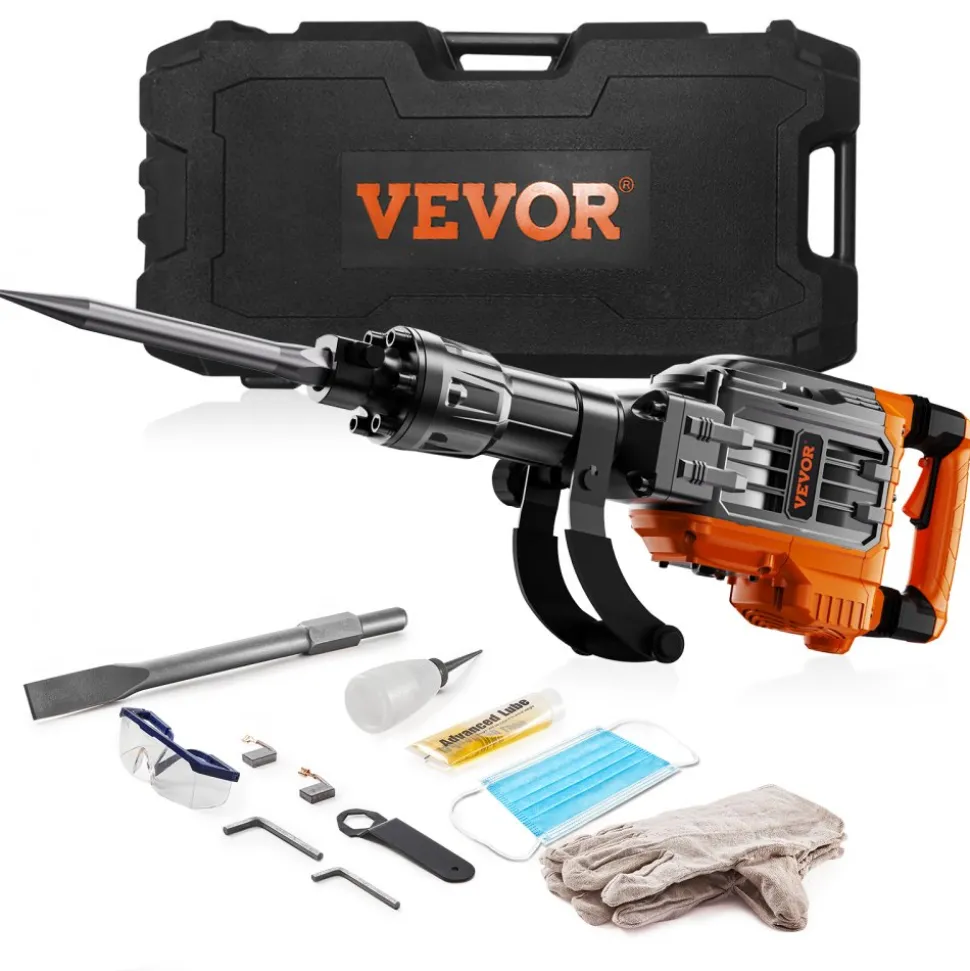 VEVOR Demolition Jack Hammer, 3500W Jack Hammer Concrete Breaker, 2pcs Chisel with Gloves & 360°C Swiveling Front Handle for Trenching, 1900 BPM Heavy Duty Electric Jack Hammer, Black