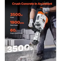 VEVOR Demolition Jack Hammer, 3500W Jack Hammer Concrete Breaker, 2pcs Chisel with Gloves & 360°C Swiveling Front Handle for Trenching, 1900 BPM Heavy Duty Electric Jack Hammer, Black