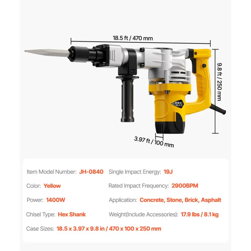 VEVOR Demolition Jack Hammer, 1400W Electric Jackhammer Heavy Duty, 2900 BPM Jack Hammer Concrete Breaker, with 1 Point Chisel, 1 Flat Chisel, Storage Case, Gloves and Goggles, for Demolition