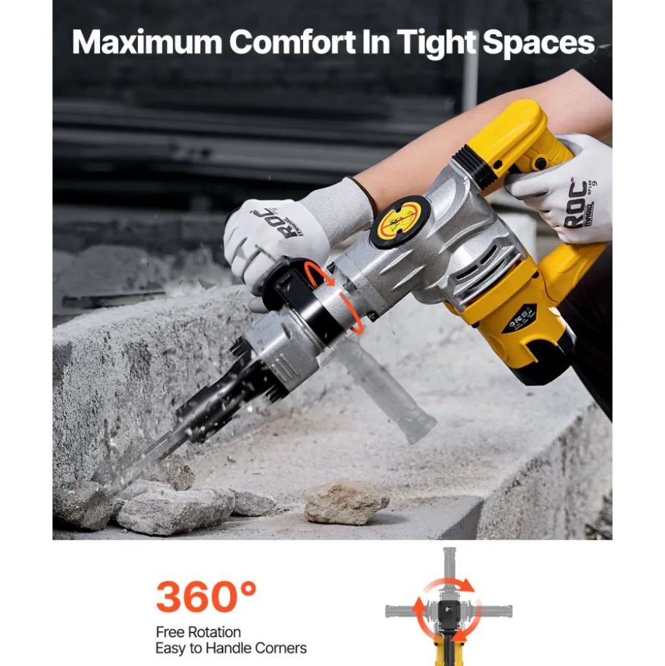 VEVOR Demolition Jack Hammer, 1400W Electric Jackhammer Heavy Duty, 2900 BPM Jack Hammer Concrete Breaker, with 1 Point Chisel, 1 Flat Chisel, Storage Case, Gloves and Goggles, for Demolition