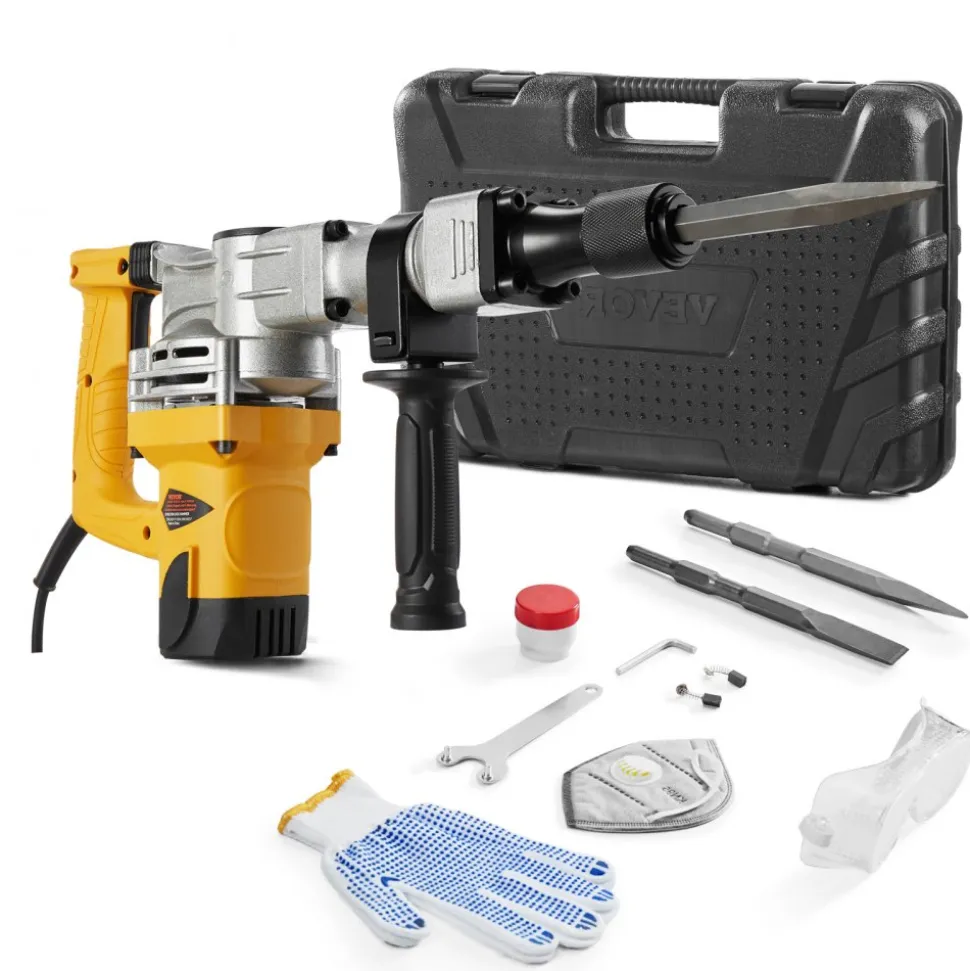 VEVOR Demolition Jack Hammer, 1400W Electric Jackhammer Heavy Duty, 2900 BPM Jack Hammer Concrete Breaker, with 1 Point Chisel, 1 Flat Chisel, Storage Case, Gloves and Goggles, for Demolition