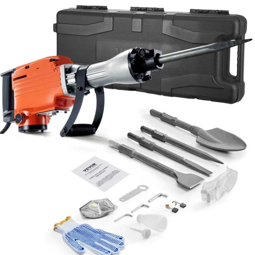 VEVOR Demolition Jack Hammer, 2100 W Powerful Electric Jackhammer, 1650 BPM Concrete Breaker with 2 Point Chisels, 2 Flat Chisels, Hand Trolley, Gloves, for Concrete, Wall, Brick, Tile and Foundation