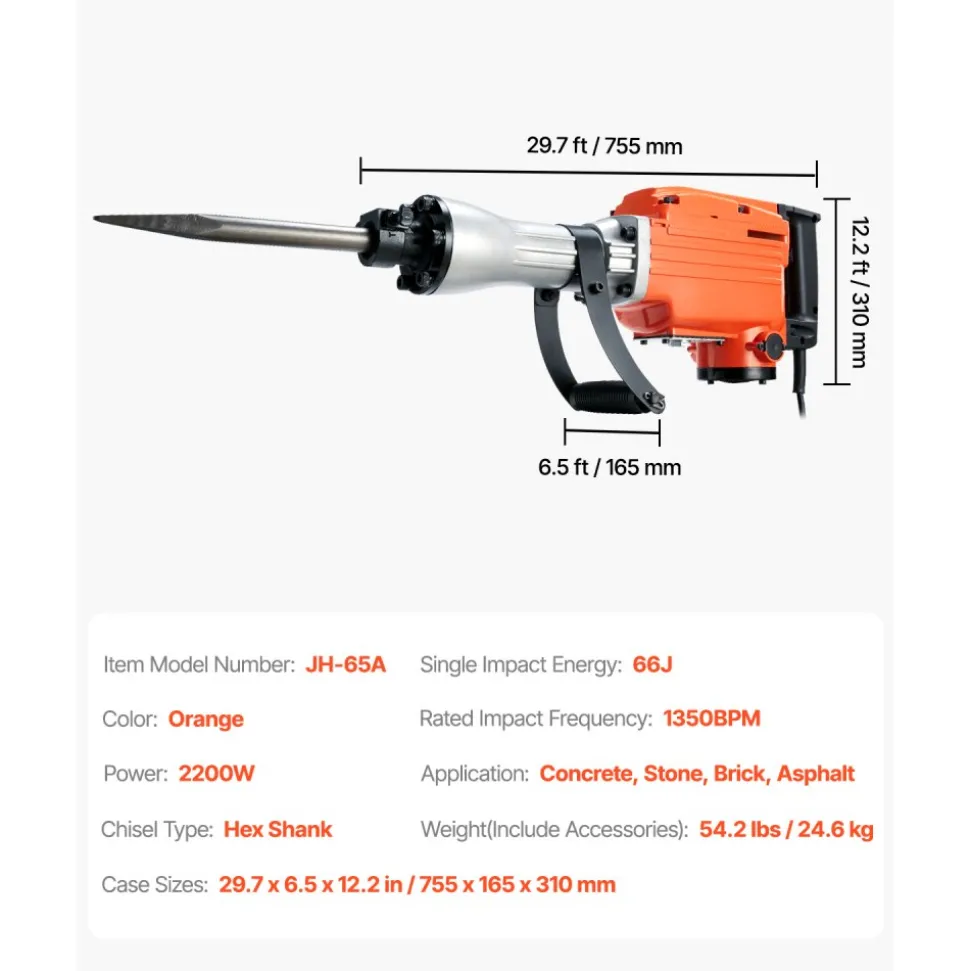 VEVOR Demolition Jack Hammer, 2100 W Powerful Electric Jackhammer, 1650 BPM Concrete Breaker with 2 Point Chisels, 2 Flat Chisels, Hand Trolley, Gloves, for Concrete, Wall, Brick, Tile and Foundation