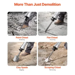 VEVOR Demolition Jack Hammer, 2100 W Powerful Electric Jackhammer, 1650 BPM Concrete Breaker with 2 Point Chisels, 2 Flat Chisels, Hand Trolley, Gloves, for Concrete, Wall, Brick, Tile and Foundation