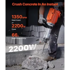 VEVOR Demolition Jack Hammer, 2100 W Powerful Electric Jackhammer, 1650 BPM Concrete Breaker with 2 Point Chisels, 2 Flat Chisels, Hand Trolley, Gloves, for Concrete, Wall, Brick, Tile and Foundation