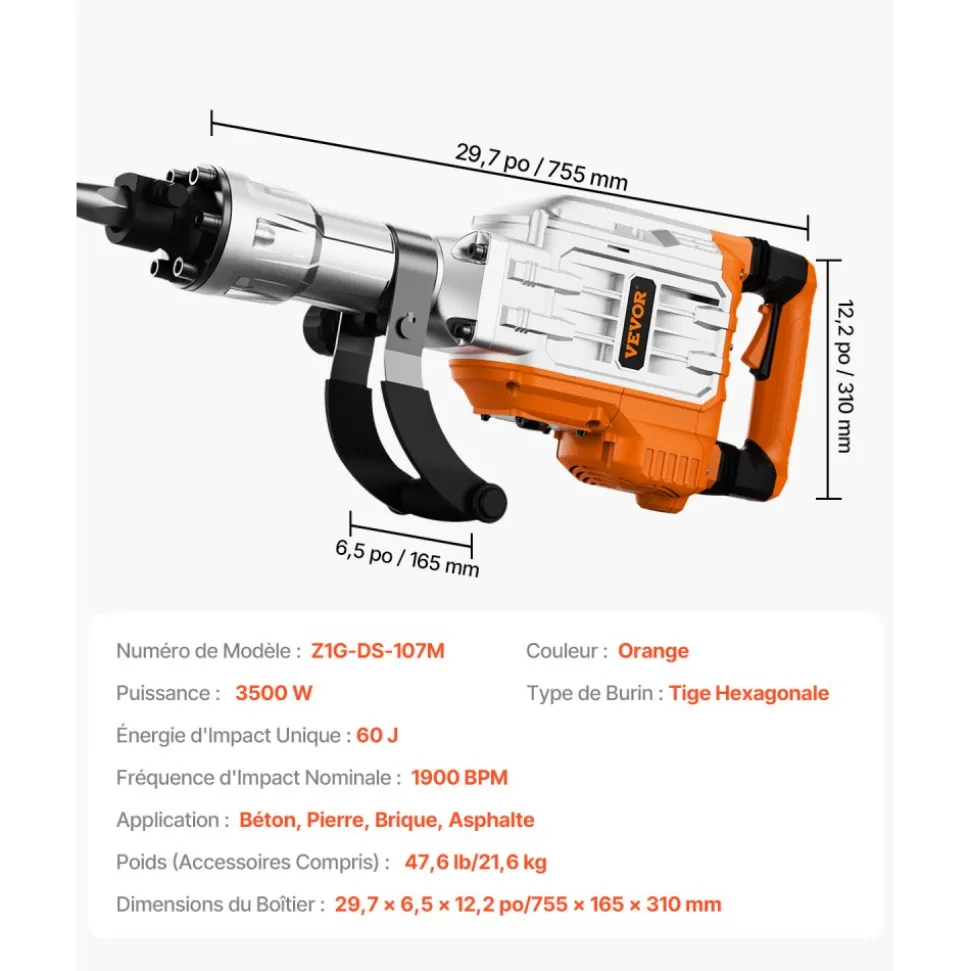 VEVOR Demolition Jack Hammer, 3500W Jack Hammer Concrete Breaker, 1900 BPM Heavy Duty Electric Jack Hammer, 2pcs Chisel with Gloves & 360° Swiveling Front Handle for Trenching and Breaking Holes