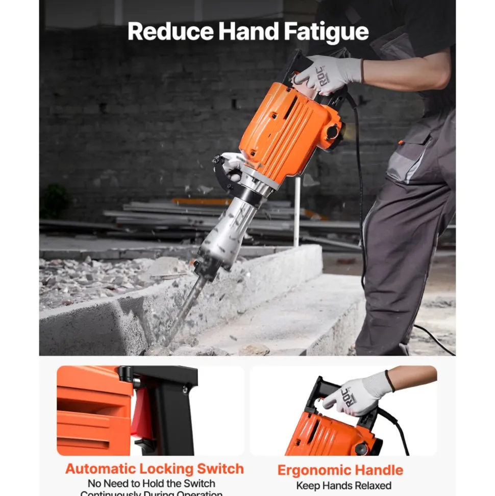 VEVOR Demolition Jack Hammer, 2200W Electric Jackhammer Heavy Duty, 1350 BPM Concrete Breaker, 2pcs Chisels Bit Chipping with Case