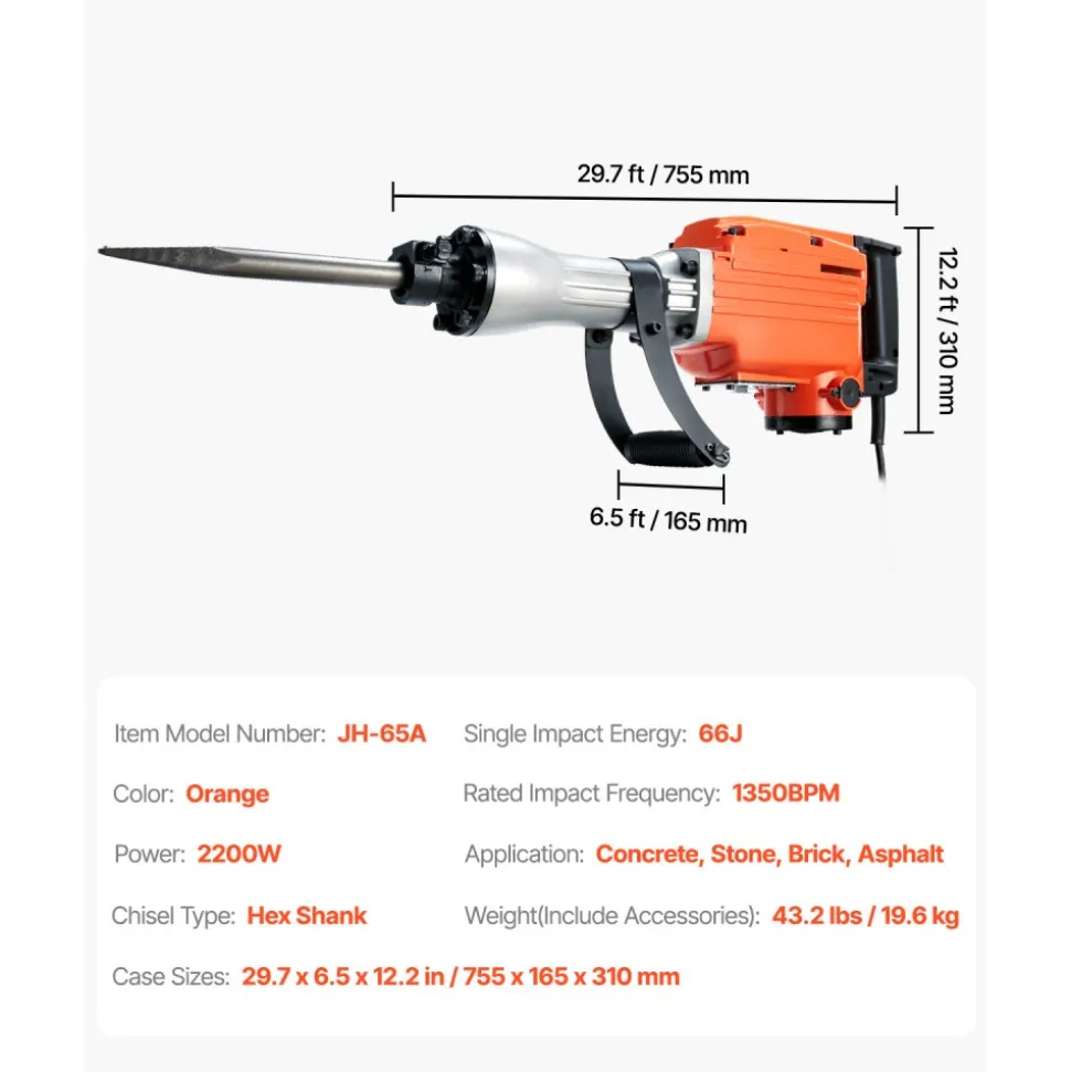 VEVOR Demolition Jack Hammer, 2200W Electric Jackhammer Heavy Duty, 1350 BPM Concrete Breaker, 2pcs Chisels Bit Chipping with Case