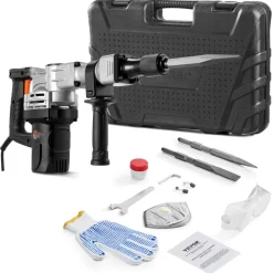 VEVOR Demolition Jack Hammer, 1400W Electric Jackhammer Heavy Duty, 2pcs Chisels Bits Chipping with Case, 2900 BPM Concrete Breaker, Gloves Black