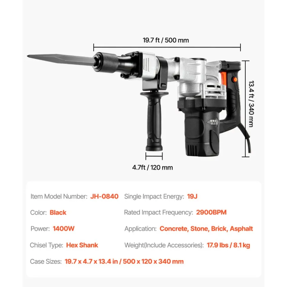VEVOR Demolition Jack Hammer, 1400W Electric Jackhammer Heavy Duty, 2pcs Chisels Bits Chipping with Case, 2900 BPM Concrete Breaker, Gloves Black