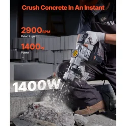 VEVOR Demolition Jack Hammer, 1400W Electric Jackhammer Heavy Duty, 2pcs Chisels Bits Chipping with Case, 2900 BPM Concrete Breaker, Gloves Black