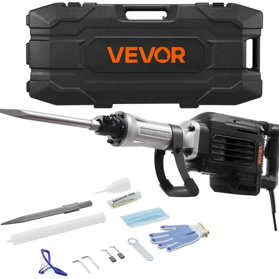 VEVOR Demolition Jack Hammer, 3000 W Powerful Electric Jackhammer, 1700 BPM Concrete Breaker with a Point Chisel, Carrying Case, Gloves, Goggles, for Concrete, Wall, Brick, Tile and Foundation