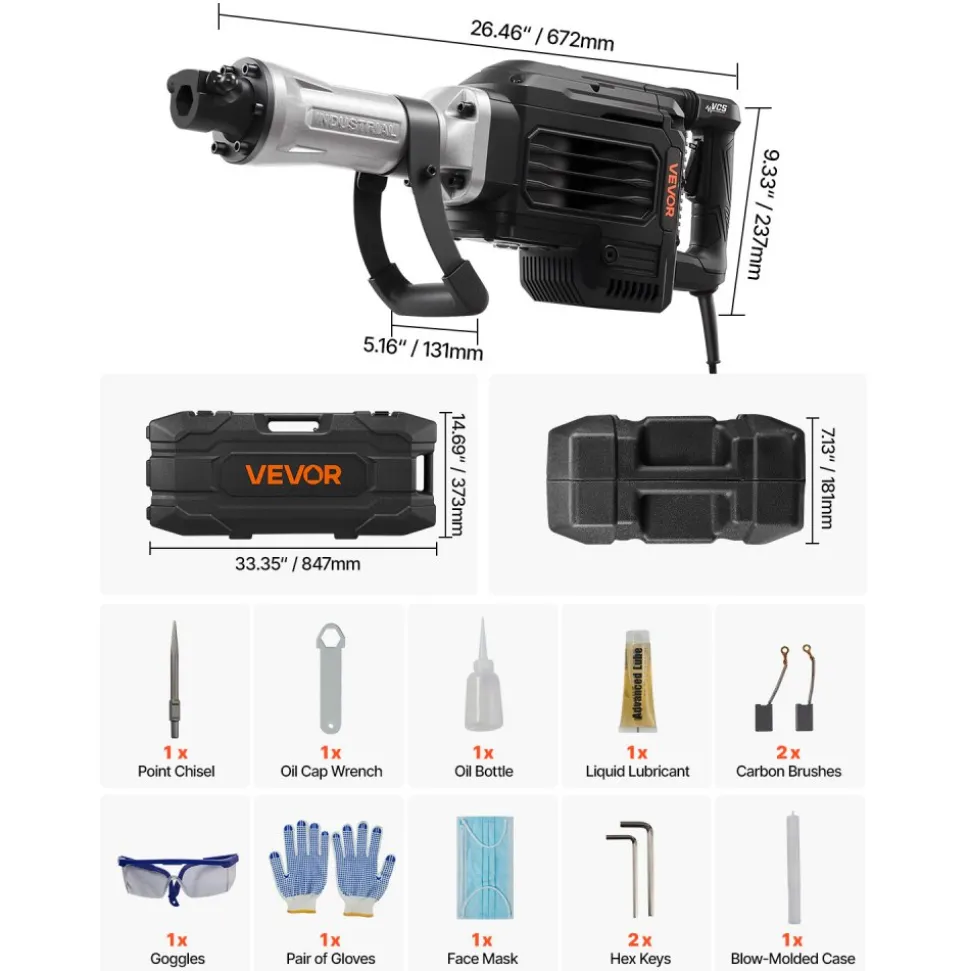 VEVOR Demolition Jack Hammer, 3000 W Powerful Electric Jackhammer, 1700 BPM Concrete Breaker with a Point Chisel, Carrying Case, Gloves, Goggles, for Concrete, Wall, Brick, Tile and Foundation