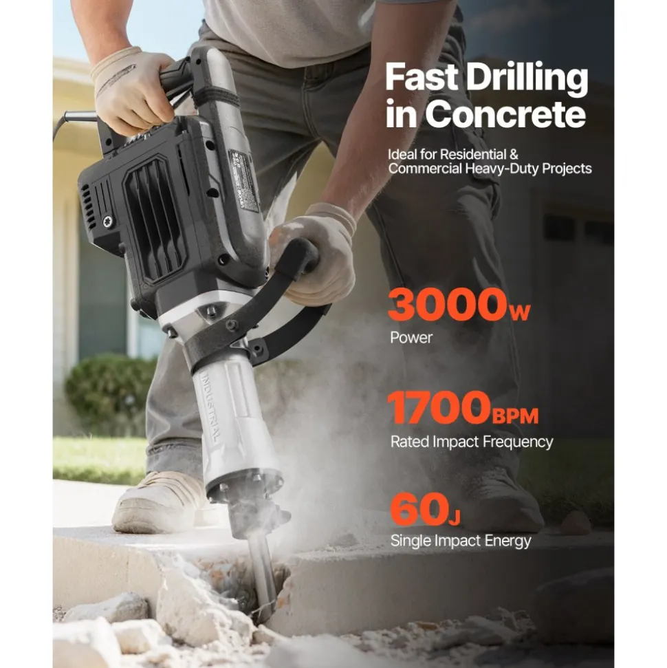 VEVOR Demolition Jack Hammer, 3000 W Powerful Electric Jackhammer, 1700 BPM Concrete Breaker with a Point Chisel, Carrying Case, Gloves, Goggles, for Concrete, Wall, Brick, Tile and Foundation