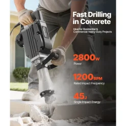 VEVOR Demolition Jack Hammer, 2800 W Powerful Electric Jackhammer, 1200 BPM Concrete Breaker with 3 Chisels, a Clay Spade, Carrying Case, Gloves, for Concrete, Wall, Brick, Tile and Foundation