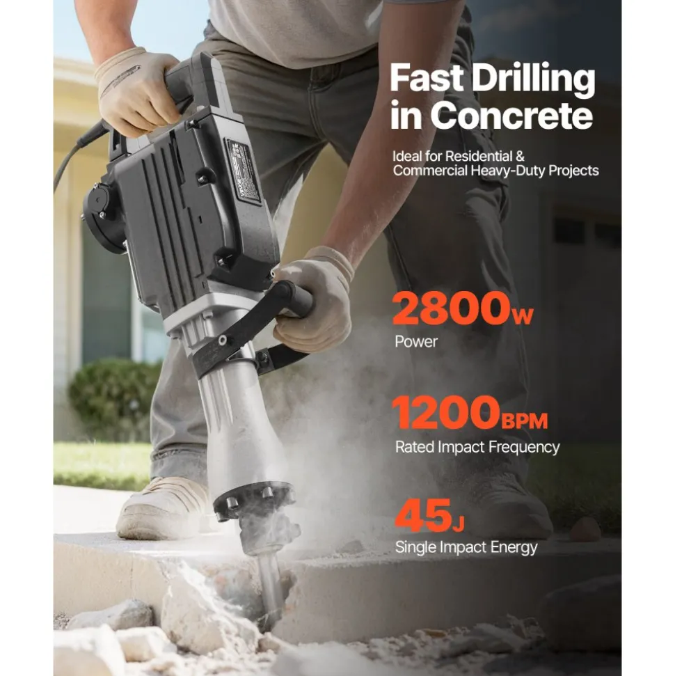 VEVOR Demolition Jack Hammer, 2800 W Powerful Electric Jackhammer, 1200 BPM Concrete Breaker with 3 Chisels, a Clay Spade, Carrying Case, Gloves, for Concrete, Wall, Brick, Tile and Foundation