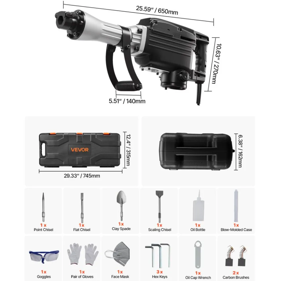 VEVOR Demolition Jack Hammer, 2800 W Powerful Electric Jackhammer, 1200 BPM Concrete Breaker with 3 Chisels, a Clay Spade, Carrying Case, Gloves, for Concrete, Wall, Brick, Tile and Foundation