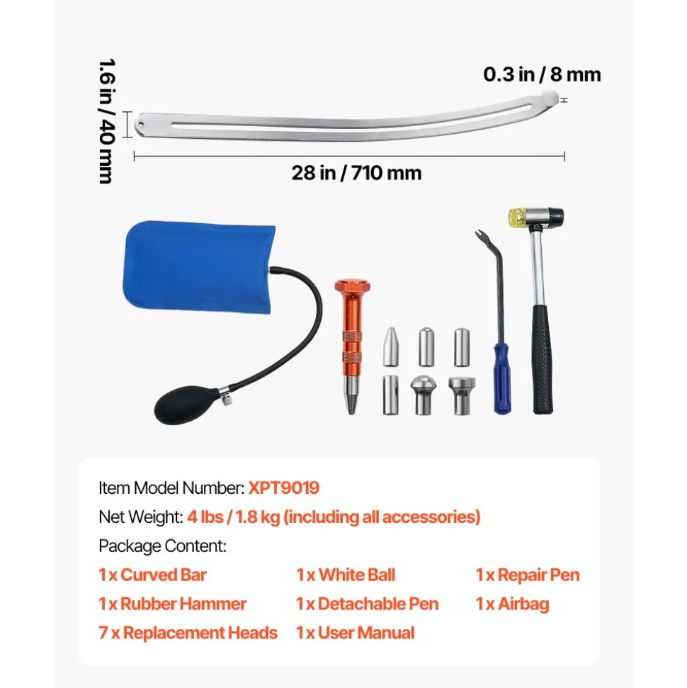 VEVOR Dent Puller Kit, Paintless Car Dent Removal Tool, Auto Fender Damage Repair Puller Lifter with Curved Rod, Crowbar, Rubber Hammer, Airbag, Detachable & Repair Pens, Replacement Heads Tools Kit