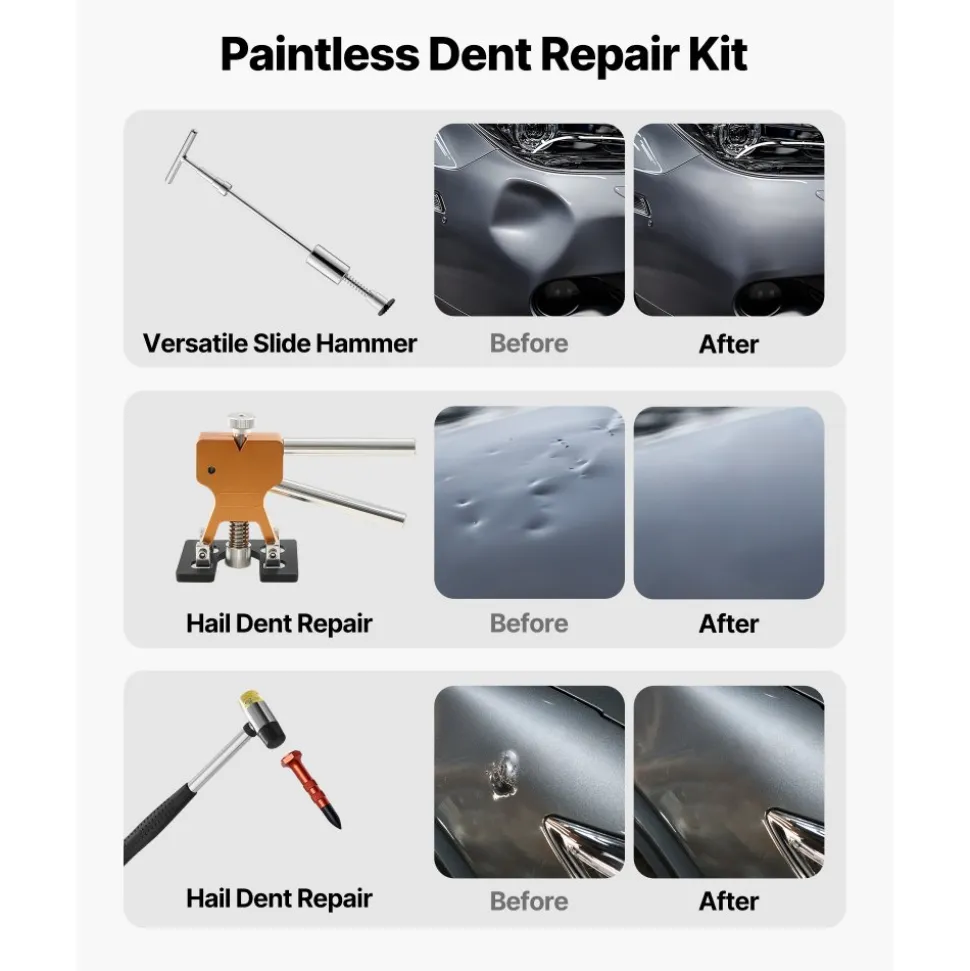 VEVOR Dent Puller Kit, 61 PCS Paintless Dent Removal Kit with Golden Lifter, Slide Hammer T-Bar, Glue Gun, Auto Body Hail Damage Repair Remover Tools for Car Refrigerator Large Small Door Ding Repair