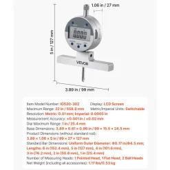 VEVOR Depth Gauge, Depth Micrometer Digital Electronic Indicator 0-22 inch Measuring Range, 0.0005