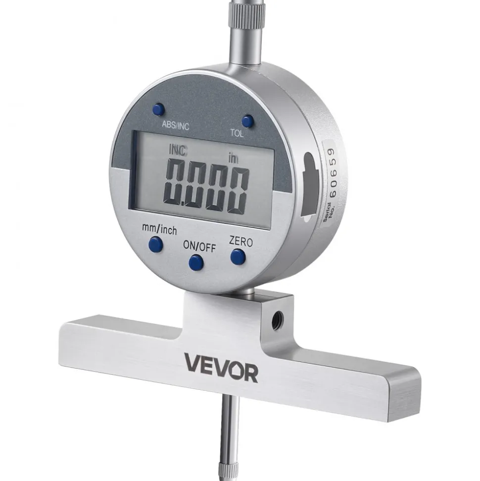 VEVOR Depth Gauge, Depth Micrometer Digital Electronic Indicator 0-22 inch Measuring Range, 0.0005" Resolution, Precision Unit Conversion with 4 Anvils, Measuring Tool for Groove, Step, Hole