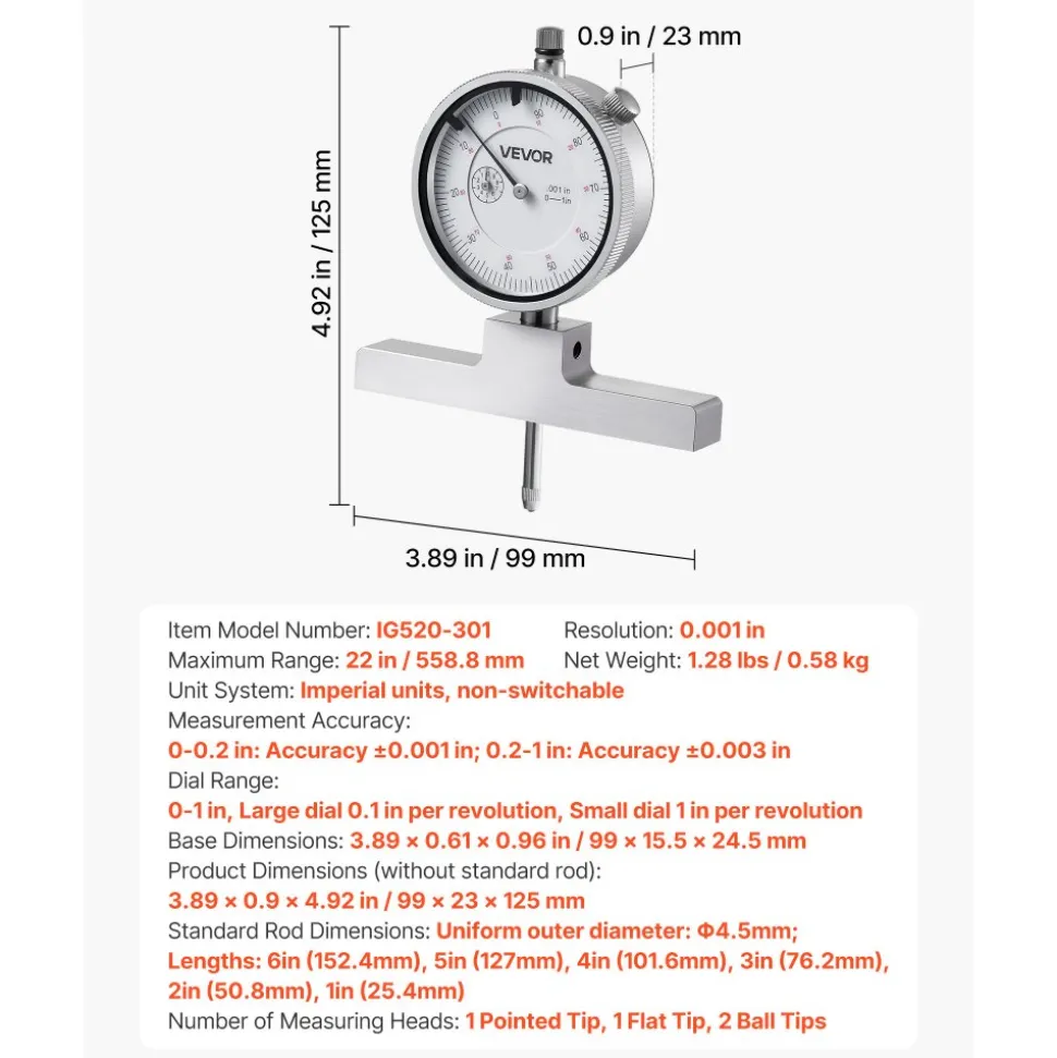 VEVOR Depth Gauge, Depth Micrometer 0-22 inch Measuring Range, 0.001" Resolution, with 4 Anvils & 6 Standard Rods, Precision Easy to Read Mechanical Tool for Measuring Groove, Step, Hole