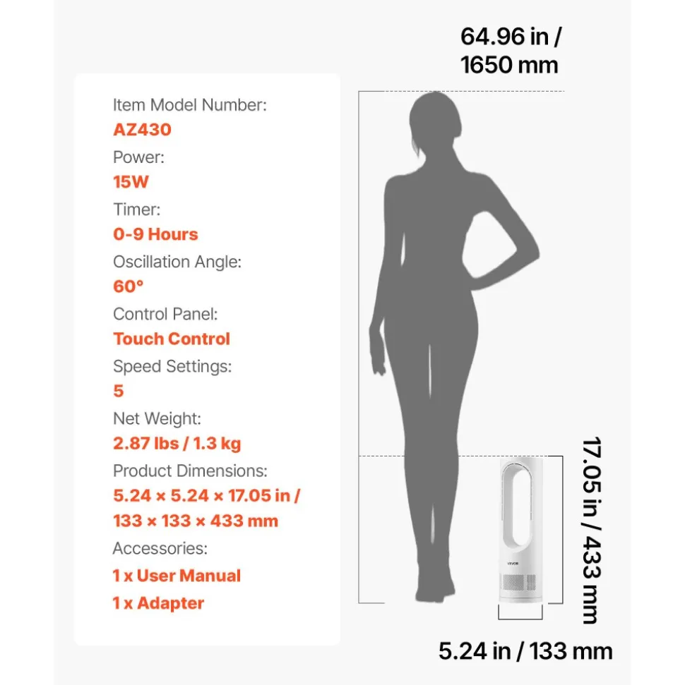 VEVOR Desk Fan Bladeless, 17 inch Office Table Fan Small Quite, 5 Speeds Adjustment, 0-9H Timer, 60-Degree Oscillation, Touch Control, Easy to Clean, Portable for Office, Living Room, Bedroom