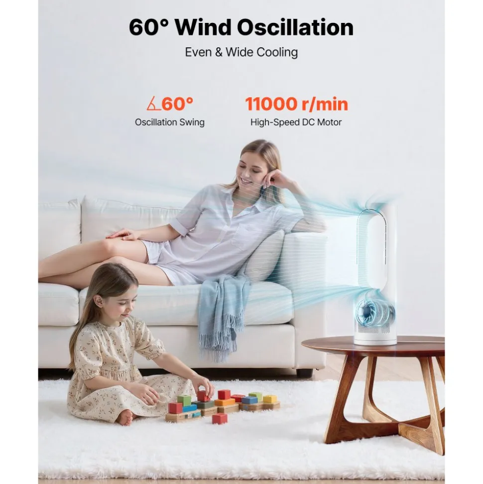 VEVOR Desk Fan Bladeless, 17 inch Office Table Fan Small Quite, 5 Speeds Adjustment, 0-9H Timer, 60-Degree Oscillation, Touch Control, Easy to Clean, Portable for Office, Living Room, Bedroom