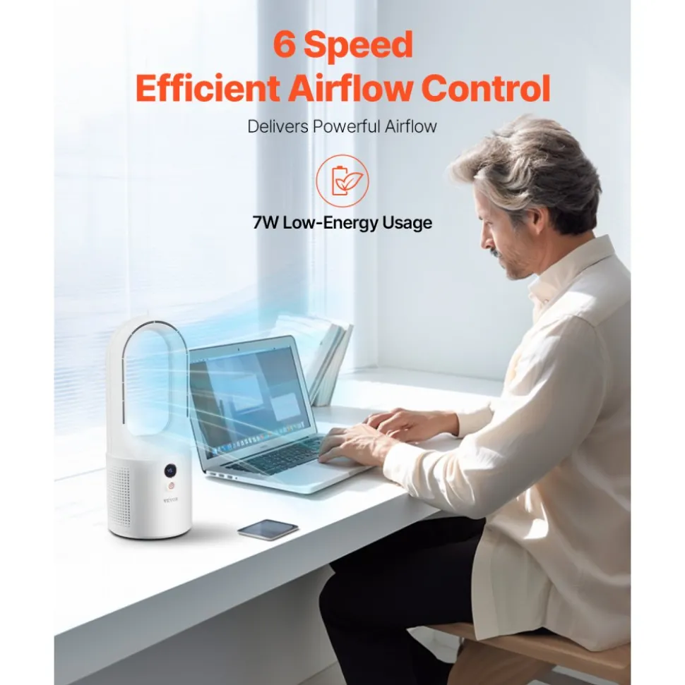 VEVOR Desk Fan Bladeless, 12.99 Inch Portable Desk Fan, 6-Speed USB Quiet Cooling Small Tower Fan with Rechargeable Battery, Easy to Clean & Kids-Friendly, Blows Cold Air for Bedroom, Office, Home