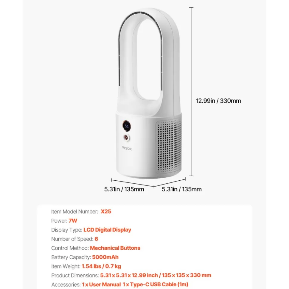 VEVOR Desk Fan Bladeless, 12.99 Inch Portable Desk Fan, 6-Speed USB Quiet Cooling Small Tower Fan with Rechargeable Battery, Easy to Clean & Kids-Friendly, Blows Cold Air for Bedroom, Office, Home