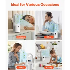 VEVOR Desk Fan Bladeless, 12.99 Inch Portable Desk Fan, 6-Speed USB Quiet Cooling Small Tower Fan with Rechargeable Battery, Easy to Clean & Kids-Friendly, Blows Cold Air for Bedroom, Office, Home