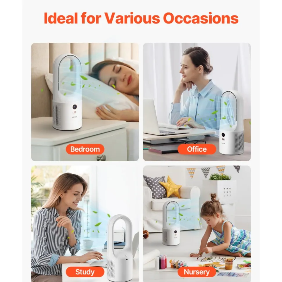 VEVOR Desk Fan Bladeless, 12.99 Inch Portable Desk Fan, 6-Speed USB Quiet Cooling Small Tower Fan with Rechargeable Battery, Easy to Clean & Kids-Friendly, Blows Cold Air for Bedroom, Office, Home
