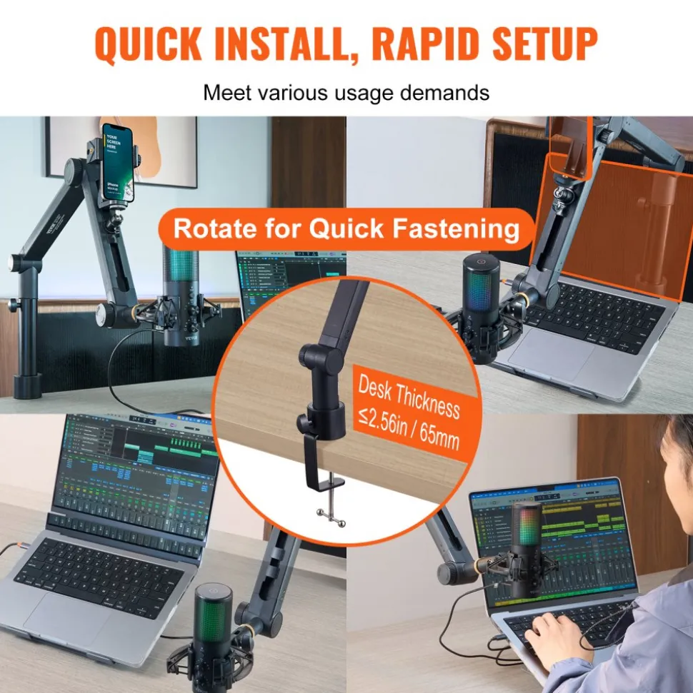 VEVOR Desk-Mounted Microphone Arm, Flexible 360° Rotation, Adjustable Stand with Universal 3/8" to 5/8" Adapter and Headphone Holder, Compatible with Blue Yeti, Hyperx Quadcast, and More