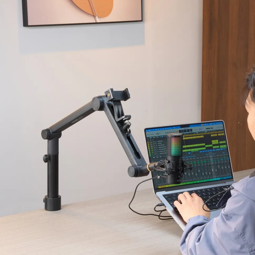 VEVOR Desk-Mounted Microphone Arm, Flexible 360° Rotation, Adjustable Stand with Universal 3/8" to 5/8" Adapter and Headphone Holder, Compatible with Blue Yeti, Hyperx Quadcast, and More