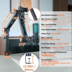 VEVOR Desk-Mounted Microphone Arm, Flexible 360° Rotation, Adjustable Stand with Universal 3/8