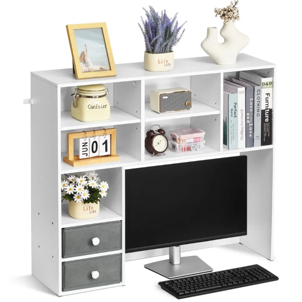VEVOR Desktop Bookshelf, 3-Tier Desktop Storage Organizer, 37" x 10" x 31.1" Office Storage Rack Wood Display Shelf, Desktop Bookshelf Hutch with Two Fabric Drawers, for Office, Home & Dorm, White