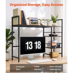 VEVOR Desktop Bookshelf 4-Tier Countertop Storage Hutch for Computer Desk, Metal Frame and Wooden Shelf, with Non-Slip Feet Pads, Multipurpose Desk Hutch Storage Organizer for Dorm, Home, and Office