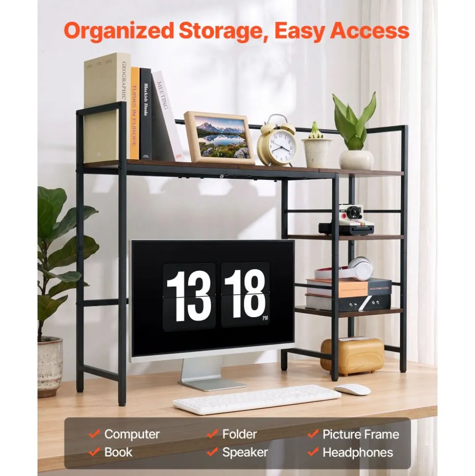 VEVOR Desktop Bookshelf 4-Tier Countertop Storage Hutch for Computer Desk, Metal Frame and Wooden Shelf, with Non-Slip Feet Pads, Multipurpose Desk Hutch Storage Organizer for Dorm, Home, and Office