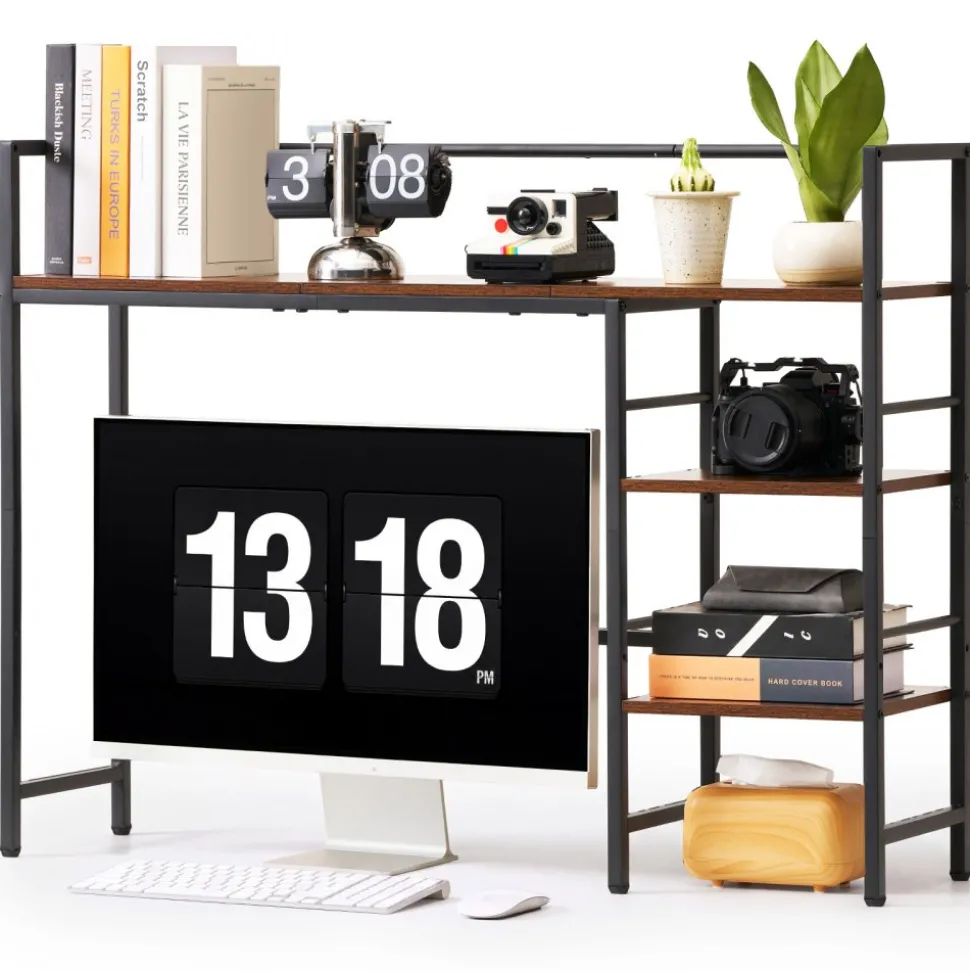 VEVOR Desktop Bookshelf 4-Tier Countertop Storage Hutch for Computer Desk, Metal Frame and Wooden Shelf, with Non-Slip Feet Pads, Multipurpose Desk Hutch Storage Organizer for Dorm, Home, and Office