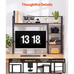 VEVOR Desktop Bookshelf 4-Tier Countertop Storage Hutch for Computer Desk, Metal Frame and Wooden Shelf, with Non-Slip Feet Pads, Multipurpose Desk Hutch Storage Organizer for Dorm, Home, and Office