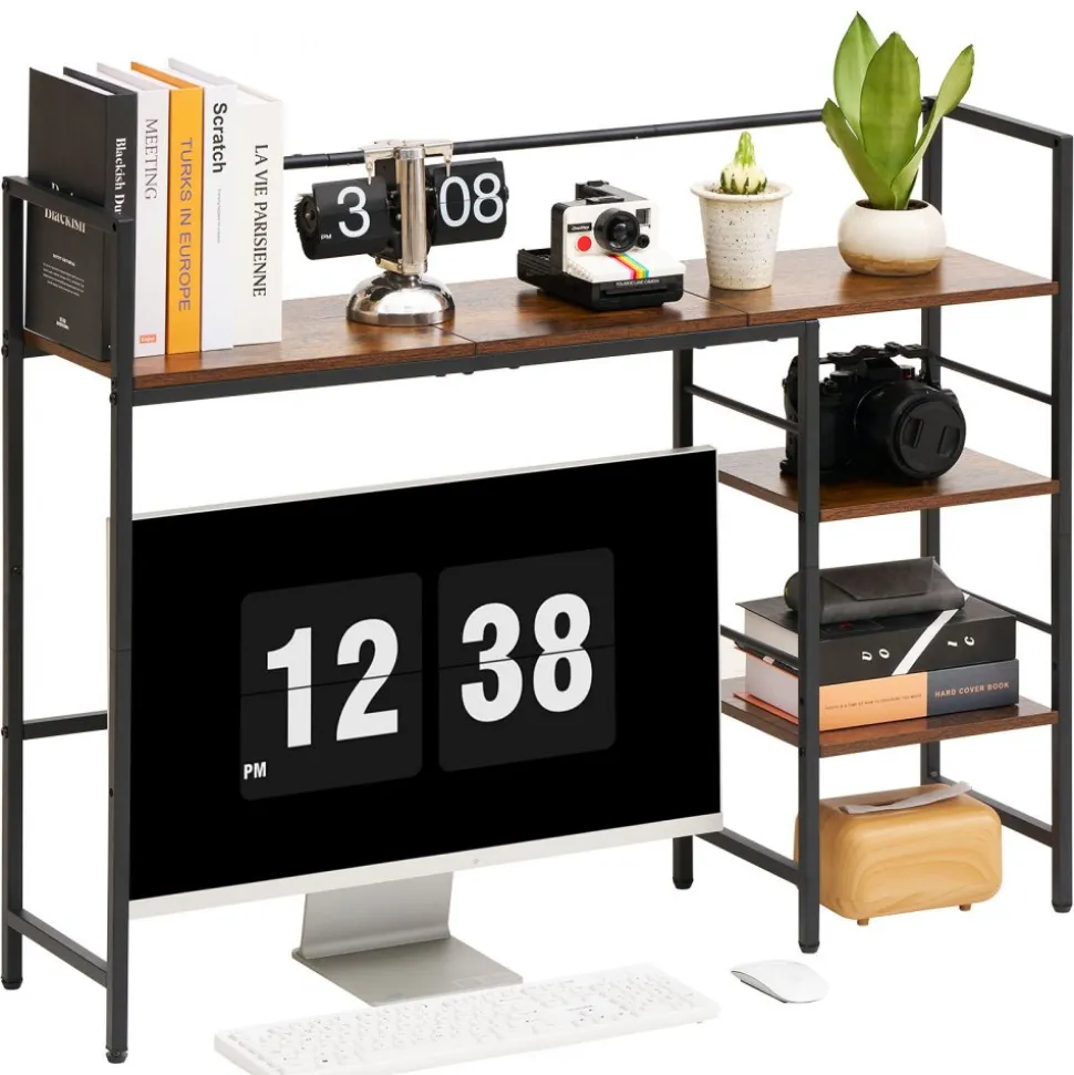 VEVOR Desktop Bookshelf 4-Tier Countertop Storage Hutch for Computer Desk, Metal Frame and Wooden Shelf, with Non-Slip Feet Pads, Multipurpose Desk Hutch Storage Organizer for Dorm, Home, and Office