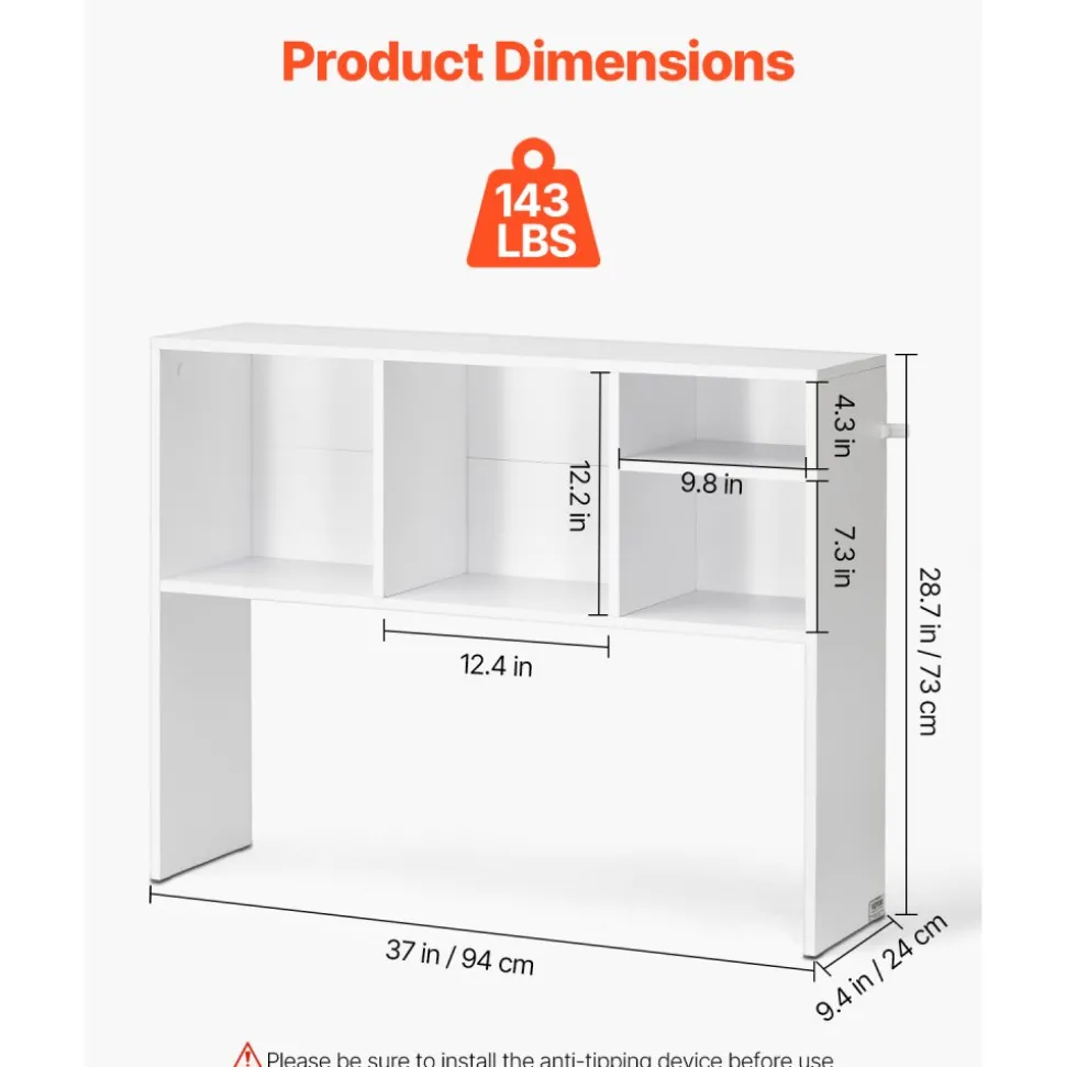 VEVOR Desktop Bookshelf, 1-Tier Desktop Storage Organizer, 37" x 9.4" x 28.7" Office Storage Rack Wood Display Shelf, Desktop Bookshelf Hutch with Anti-Slip Feet Pads, for Office, Home & Dorm, White