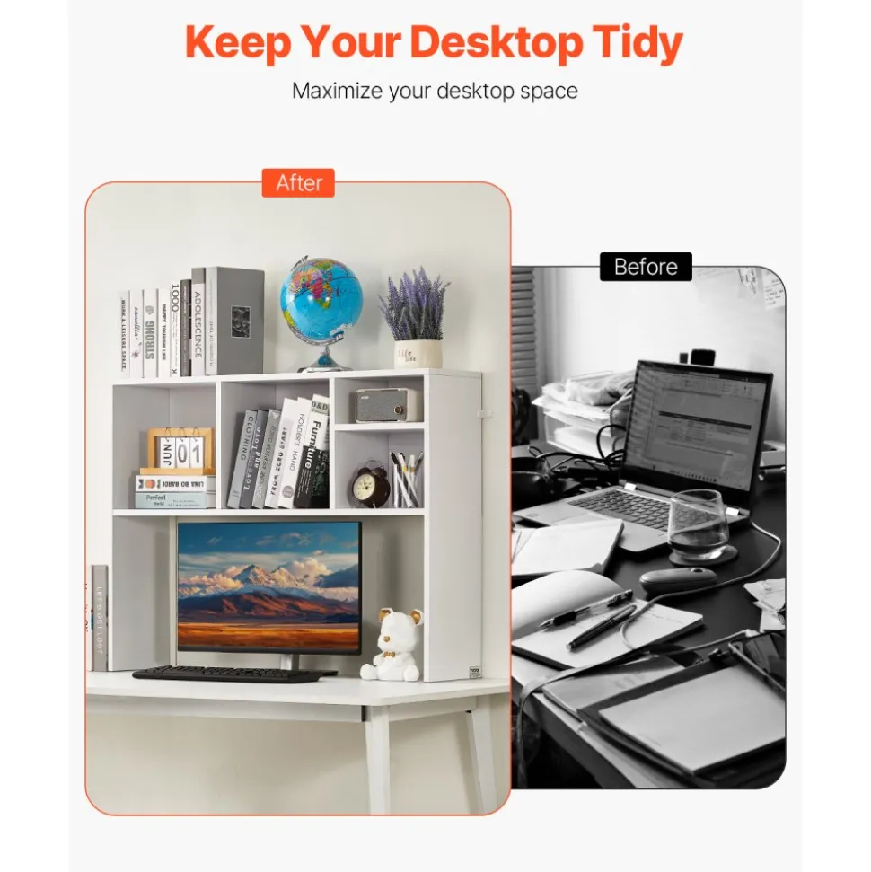 VEVOR Desktop Bookshelf, 1-Tier Desktop Storage Organizer, 37" x 9.4" x 28.7" Office Storage Rack Wood Display Shelf, Desktop Bookshelf Hutch with Anti-Slip Feet Pads, for Office, Home & Dorm, White