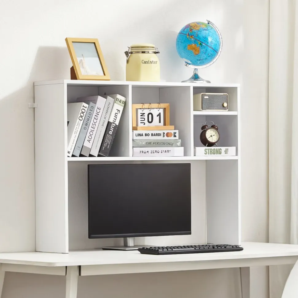 VEVOR Desktop Bookshelf, 1-Tier Desktop Storage Organizer, 37" x 9.4" x 28.7" Office Storage Rack Wood Display Shelf, Desktop Bookshelf Hutch with Anti-Slip Feet Pads, for Office, Home & Dorm, White