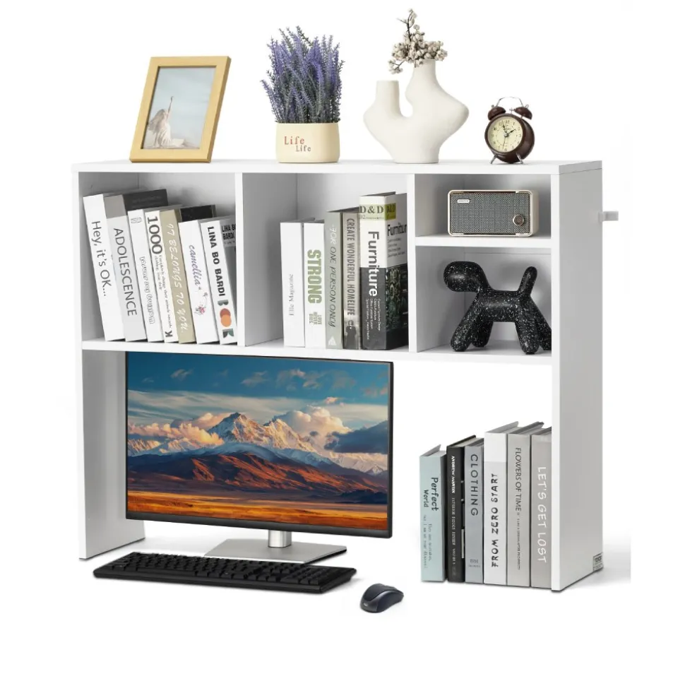 VEVOR Desktop Bookshelf, 1-Tier Desktop Storage Organizer, 37" x 9.4" x 28.7" Office Storage Rack Wood Display Shelf, Desktop Bookshelf Hutch with Anti-Slip Feet Pads, for Office, Home & Dorm, White