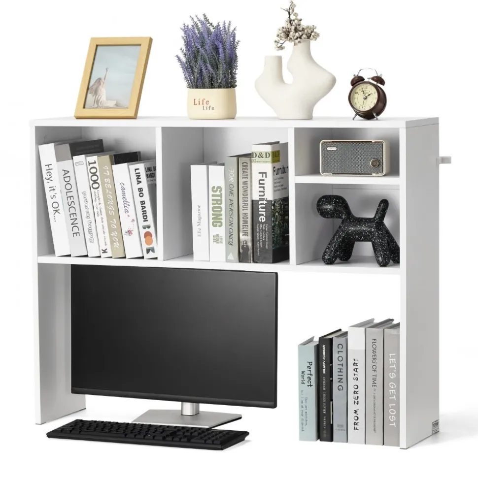 VEVOR Desktop Bookshelf, 1-Tier Desktop Storage Organizer, 37" x 9.4" x 28.7" Office Storage Rack Wood Display Shelf, Desktop Bookshelf Hutch with Anti-Slip Feet Pads, for Office, Home & Dorm, White