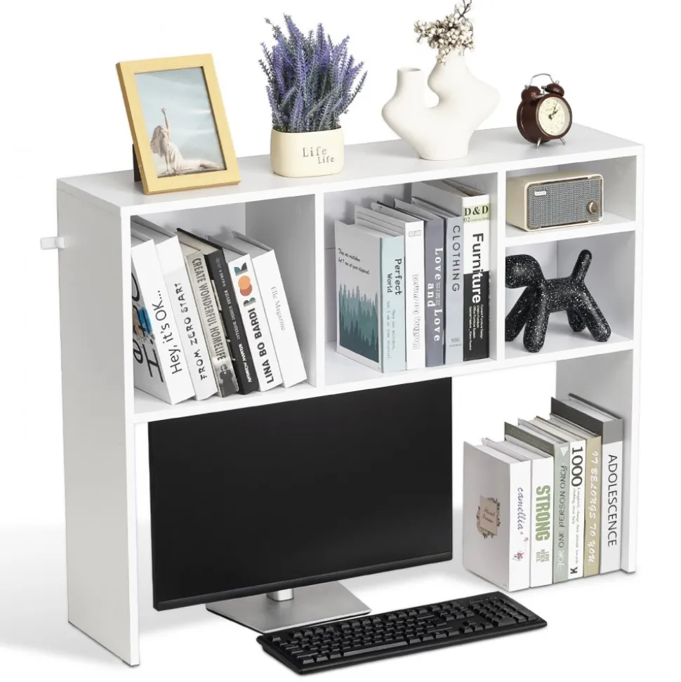 VEVOR Desktop Bookshelf, 1-Tier Desktop Storage Organizer, 37" x 9.4" x 28.7" Office Storage Rack Wood Display Shelf, Desktop Bookshelf Hutch with Anti-Slip Feet Pads, for Office, Home & Dorm, White